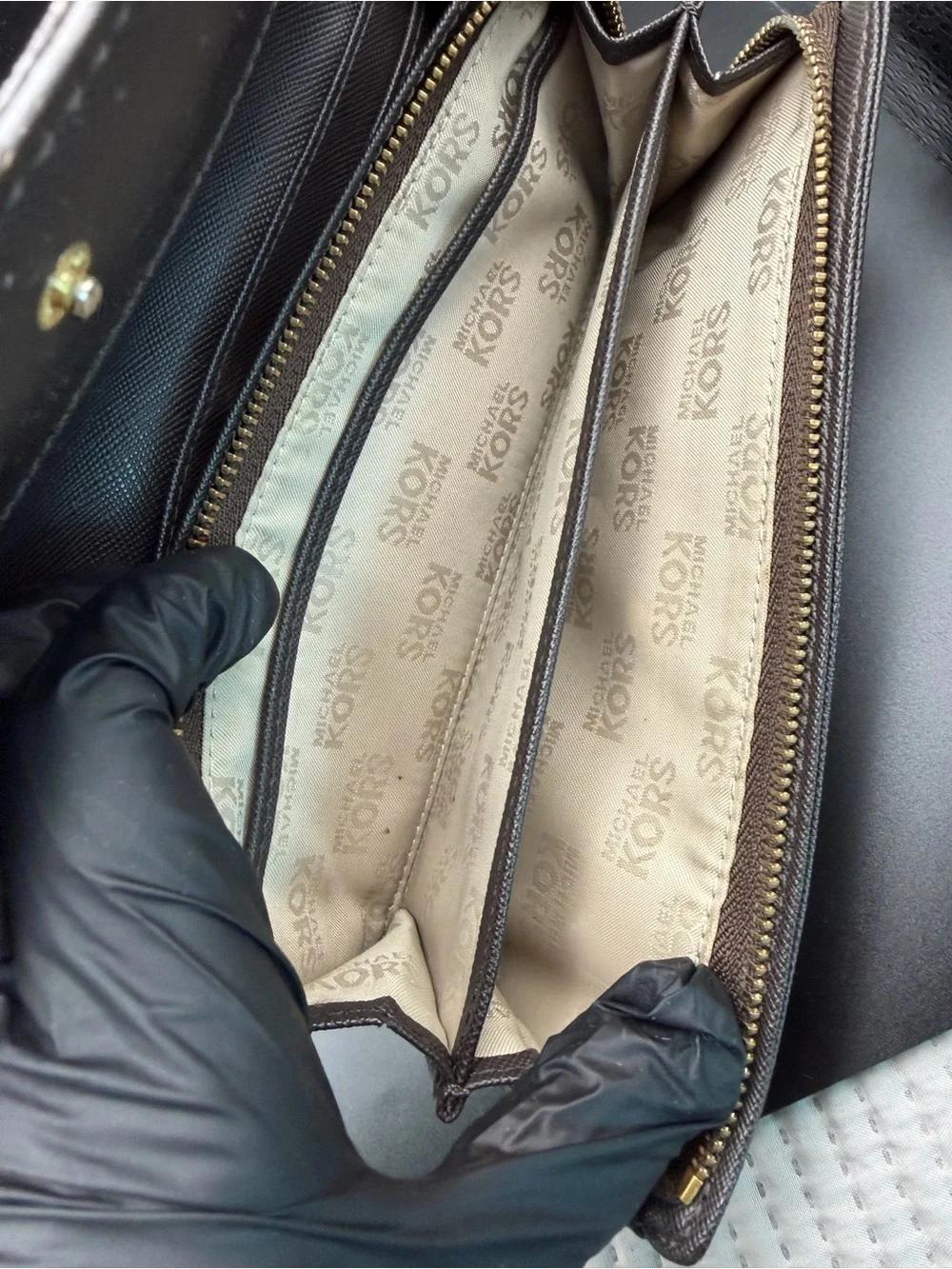 Michael Kors Brown Logo Zip Continental Wallet with Gold Plate